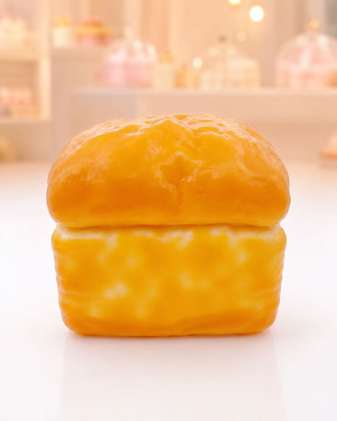 Back view of Cat Toast House Taba Squishy showing the glossy golden toast texture, rounded bread shape, and handmade silicone finish.