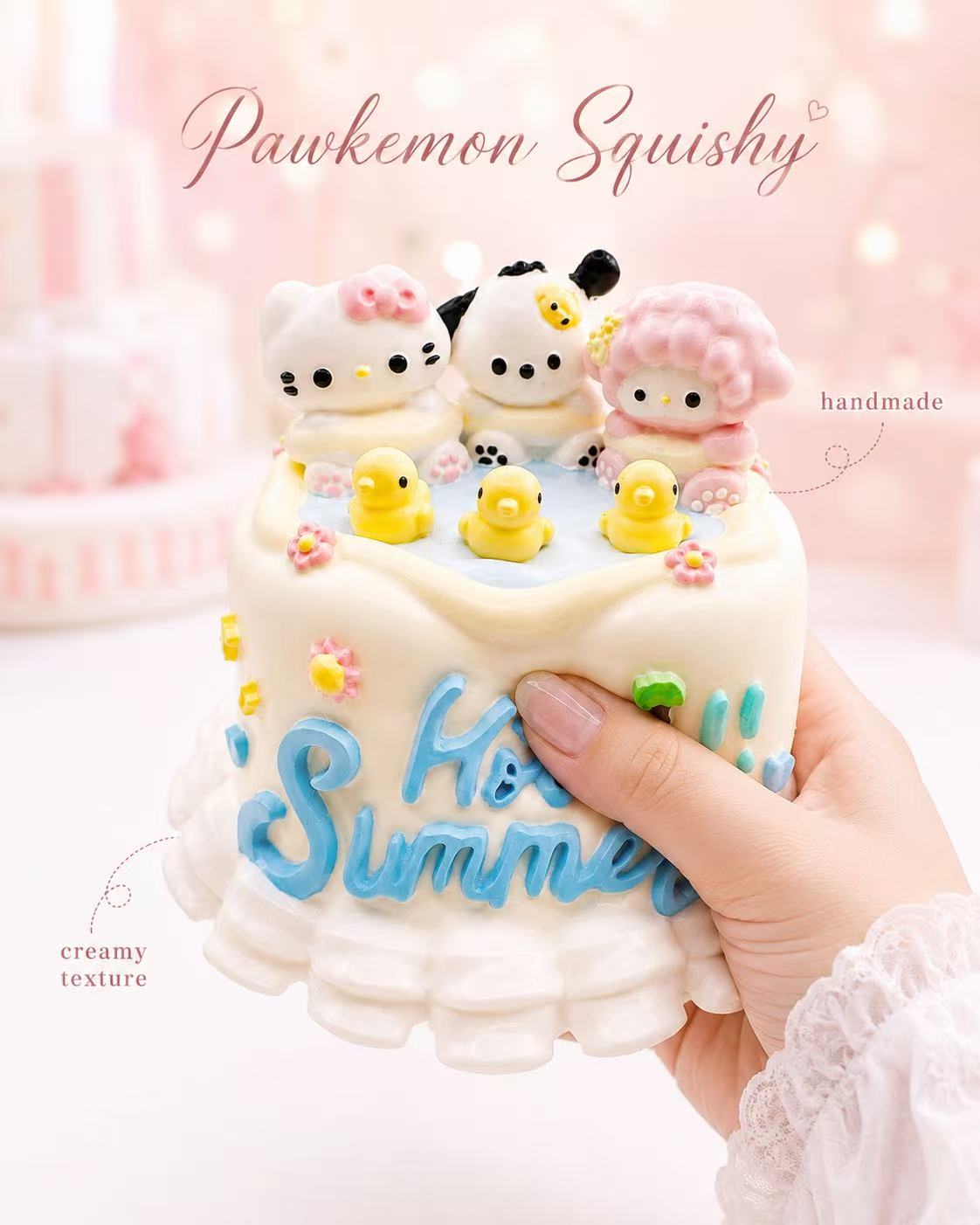 Hand holding a handmade Character Summer Cake Taba Squishy with three character figures and colorful summer cake details
