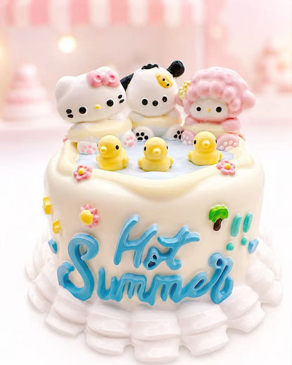 Handmade silicone Character Summer Cake Taba Squishy with three character figures, yellow duck decorations, and blue summer lettering