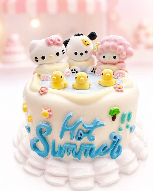 Handmade silicone Character Summer Cake Taba Squishy with three character figures, yellow duck decorations, and blue summer lettering