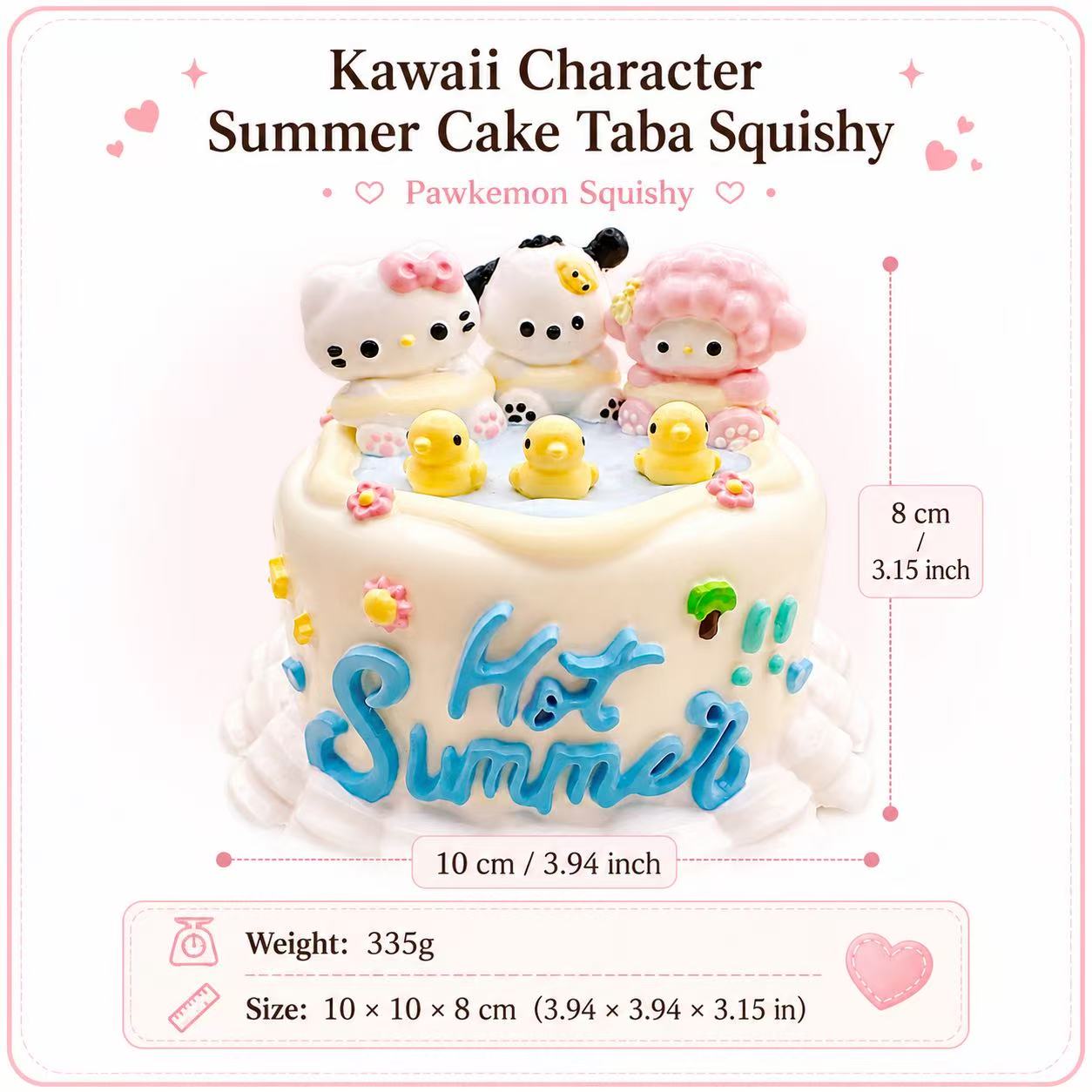 Character Summer Cake Taba Squishy size chart showing the product measurements and weight