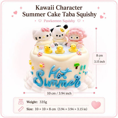 Character Summer Cake Taba Squishy size chart showing the product measurements and weight