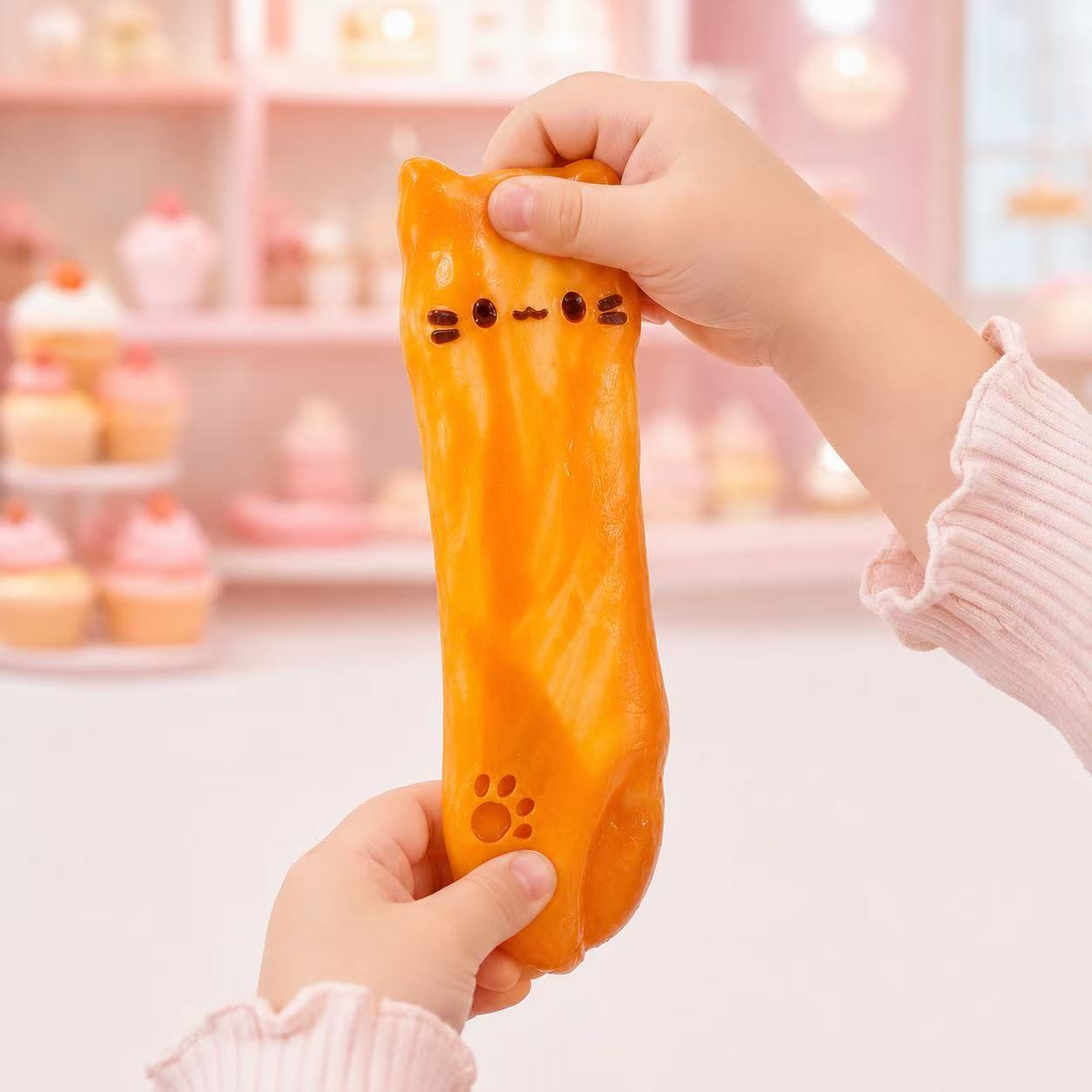 Two children’s hands gently stretching the orange Cheese Kitty Bar Taba Squishy vertically to show its soft, flexible texture and adorable cat design.