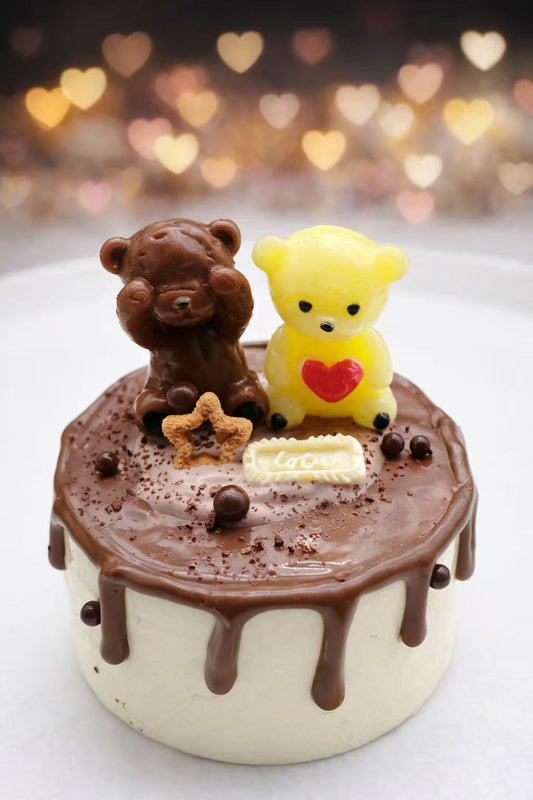 Chocolate Bear Cake Taba Squishy, handmade silicone squishy dessert with two cute bear figures on a chocolate cake, ultra realistic texture, premium collectible squishy