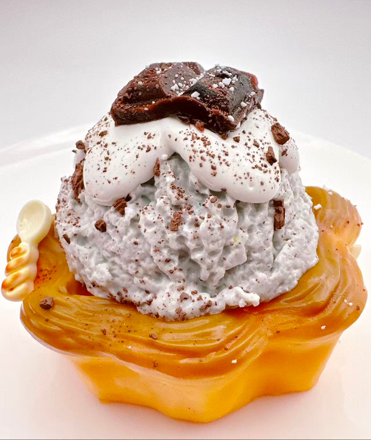 Handmade chocolate ice cream tart taba squishy with whipped cream topping, golden tart base and realistic chocolate pieces, ultra realistic silicone dessert stress relief toy