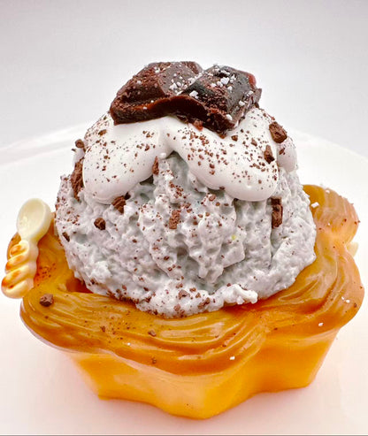 Handmade chocolate ice cream tart taba squishy with whipped cream topping, golden tart base and realistic chocolate pieces, ultra realistic silicone dessert stress relief toy