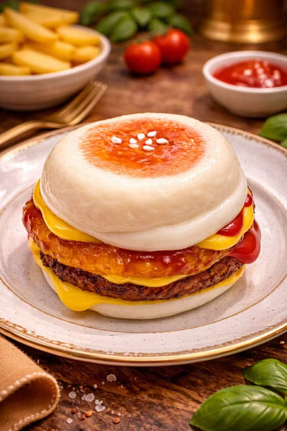 Classic Pork & Egg Burger Taba Squishy featuring ultra realistic pork patty, layered egg and cheese, and handmade gourmet burger details
