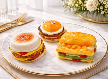 Classic Trio Burger Set Taba Squishy featuring Classic Pork & Egg Burger, Signature Shrimp Burger, and Grilled Pineapple Burger, ultra realistic handmade silicone squishy toys
