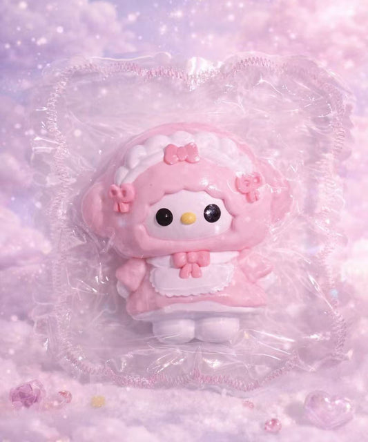 Cosplay Melody Taba Squishy in pink outfit, handmade silicone squishy with cute character design and soft pastel dreamy background