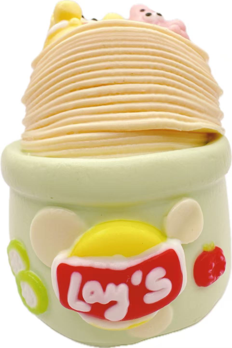 Crispy Buddy Chips Taba Squishy designed as a stacked potato chips can, handmade silicone squishy with detailed textures and cute cartoon characters on top