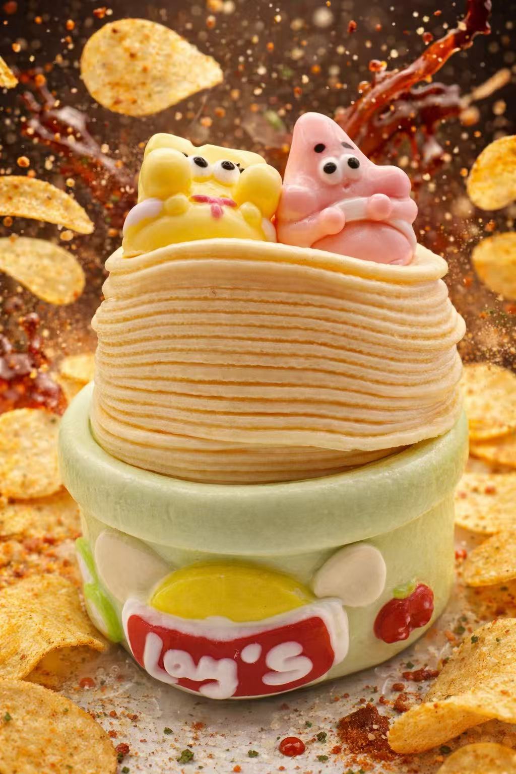 Crispy Buddy Chips Taba Squishy with two cute cartoon buddies sitting on stacked potato chips, surrounded by floating chip crumbs and seasoning, handmade silicone squishy toy