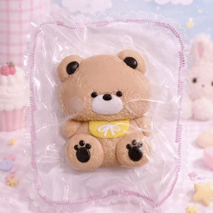 Cute bear taba squishy made of handmade silicone, soft slow-rising texture, kawaii teddy bear design in clear gift packaging