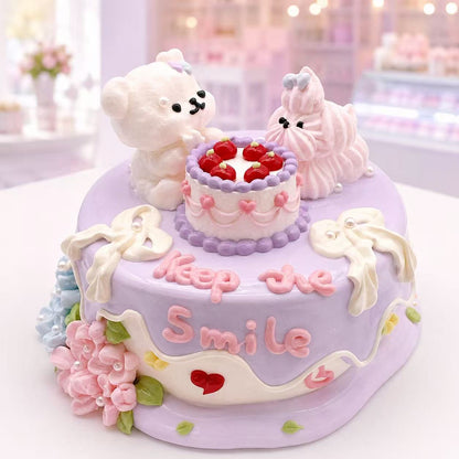 Handmade Double Puppy Cake Taba Squishy with two puppy figures, lavender frosting, pink flowers, and red berry toppings