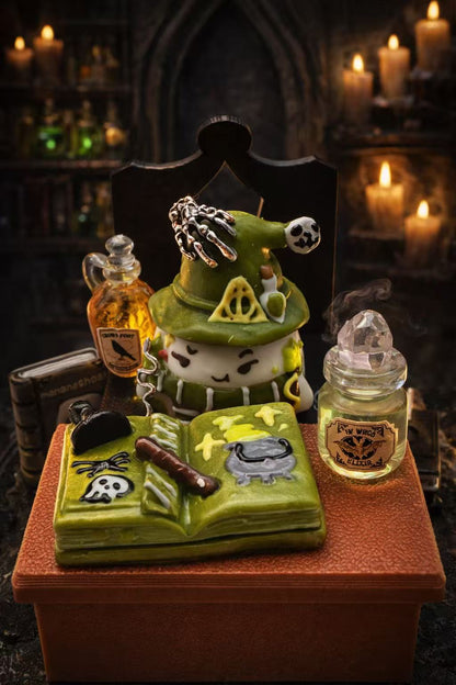 Evil Wizard Taba Squishy in a dark magic alchemy scene with spell book and potion bottles, high-end handmade silicone squishy