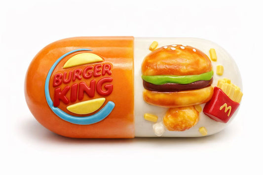 Fast food burger capsule taba squishy made of handmade silicone with realistic burger and fries design, clean white background
