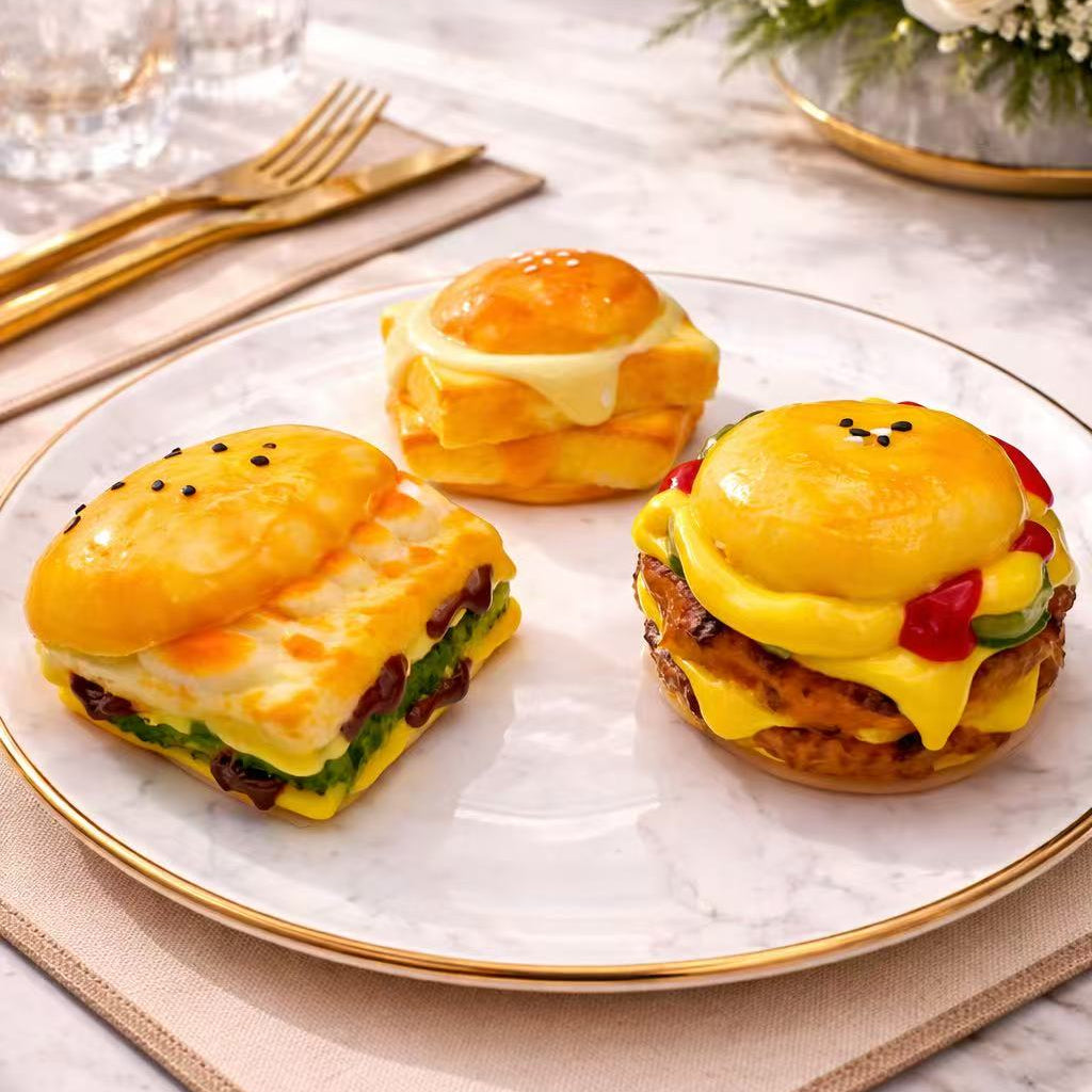 Golden Shrimp Deluxe Burger Taba Squishy, Ultimate Cheesy Chicken Burger Taba Squishy, and Double Fish Fillet Burger Taba Squishy displayed together, ultra realistic handmade silicone burger squishy set
