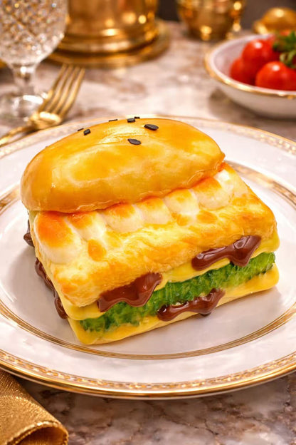 Golden Shrimp Deluxe Burger Taba Squishy with ultra realistic shrimp layers, glossy golden bun, and handmade gourmet burger details
