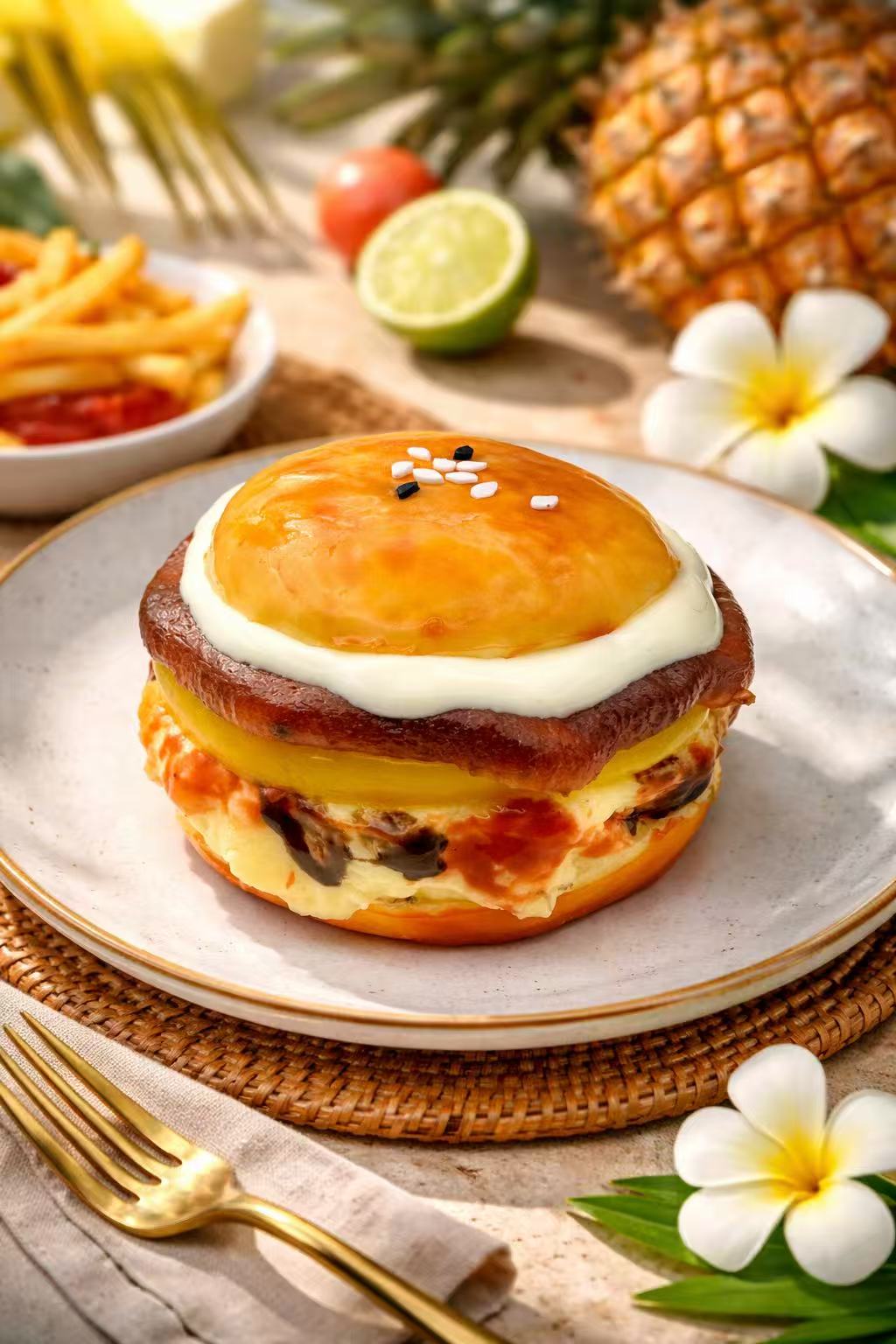 Grilled Pineapple Burger Taba Squishy featuring ultra realistic grilled pineapple layers, melted cheese details, and handmade gourmet burger design
