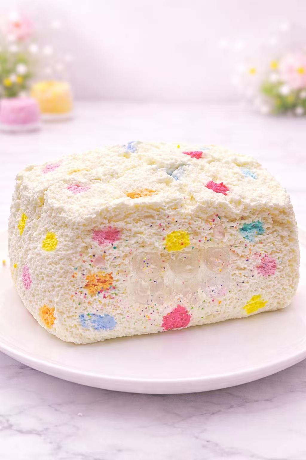 Gummy bear toast taba squishy with colorful confetti texture, handmade silicone squishy toy, soft slow rise ASMR stress relief