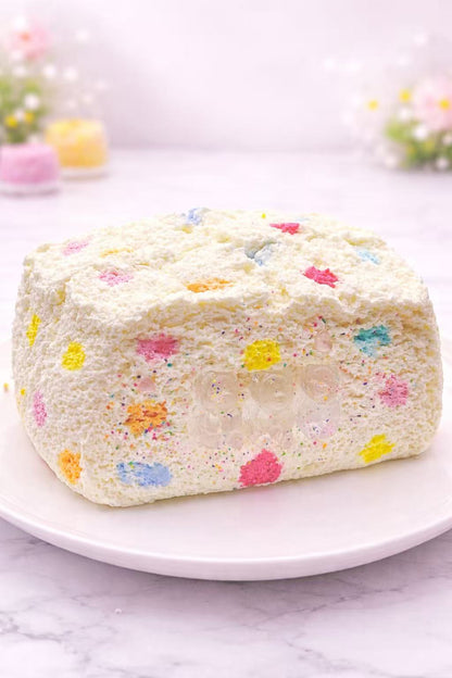 Gummy bear toast taba squishy with colorful confetti texture, handmade silicone squishy toy, soft slow rise ASMR stress relief
