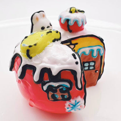 Back view of hand-painted bunny apple house taba squishy, showing detailed hand-painted design and silicone texture
