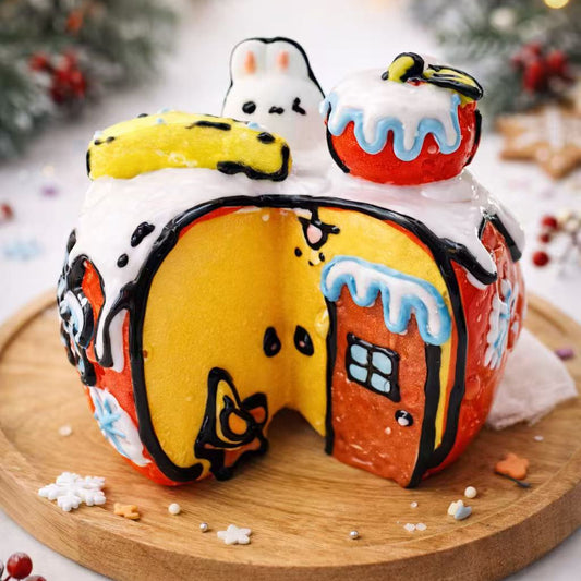 Hand-painted bunny apple house taba squishy with cute anime style details, handmade silicone squishy shown from the front
