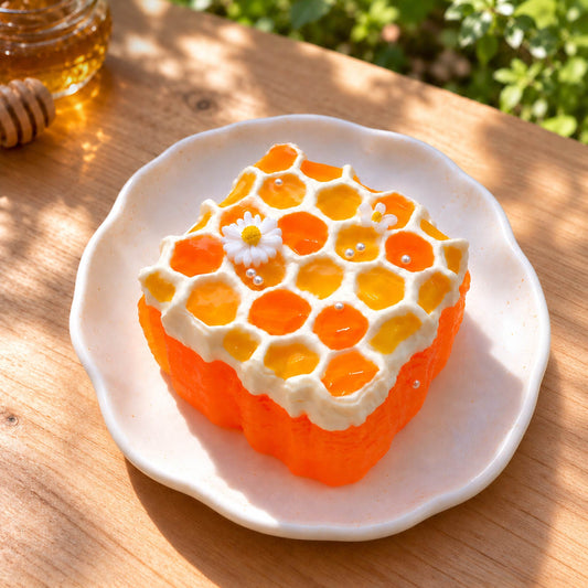 Handmade honeycomb cake Taba Squishy with glossy golden cells and a small white flower, displayed on a white plate.