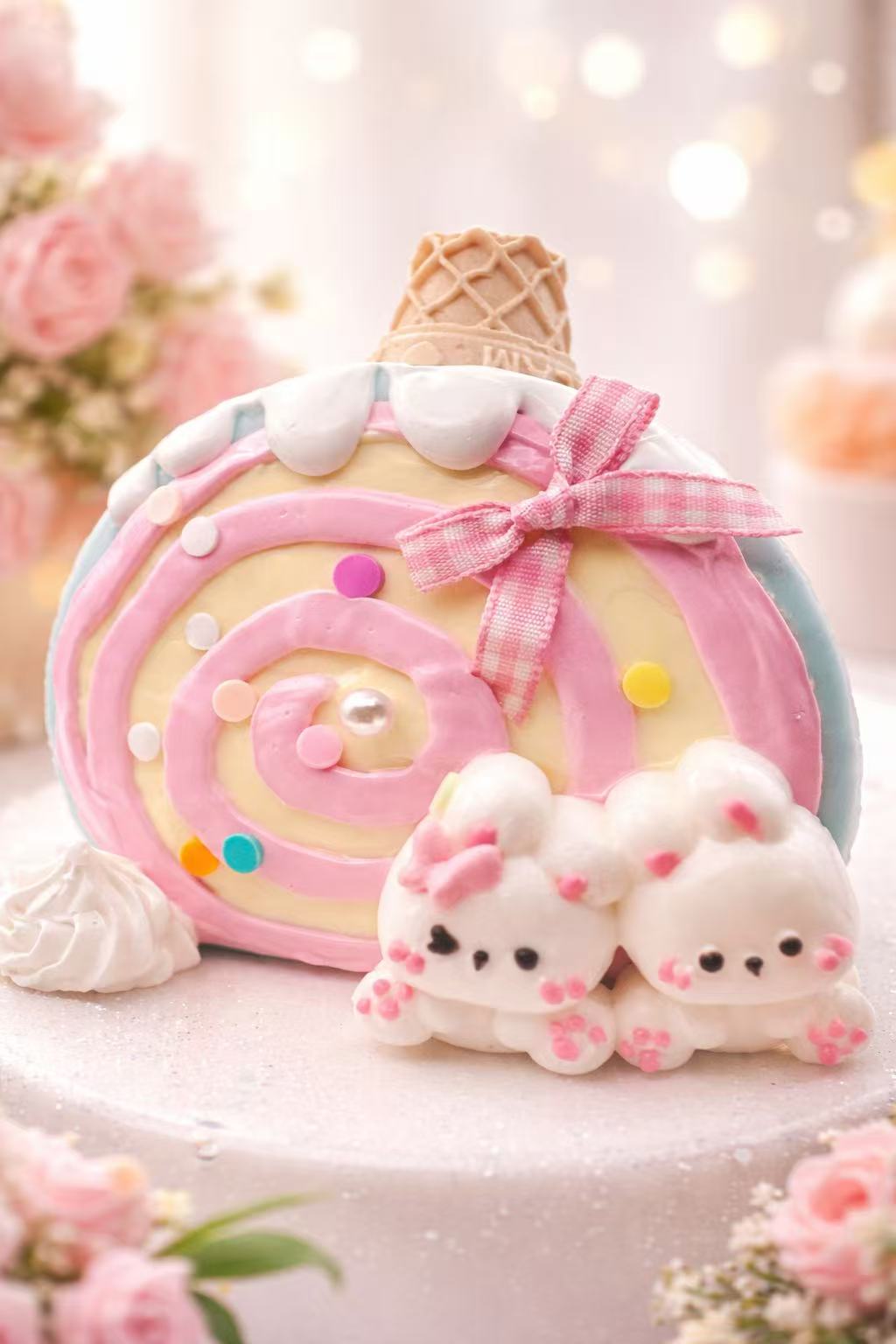 Front view of Ice Cream Bunny Cake Taba Squishy showing pastel pink swirl cake, two bunny figures, candy dots, waffle cone, and creamy silicone texture.