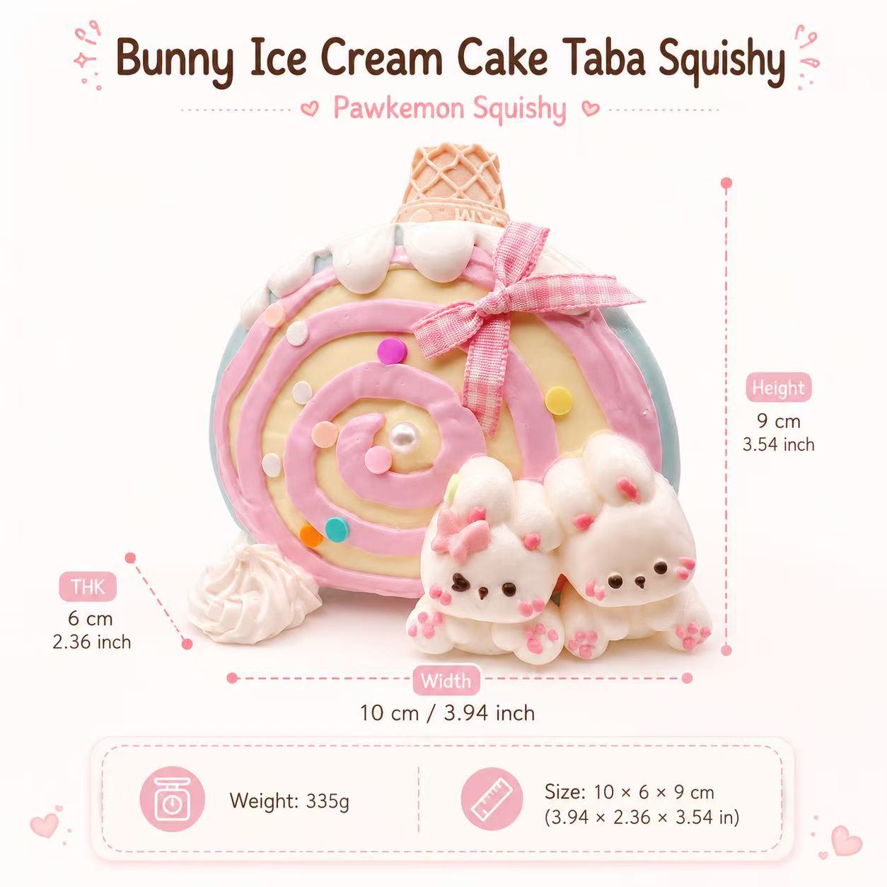Size guide for Ice Cream Bunny Cake Taba Squishy with measurements, weight, pastel ice cream cake design, bunny details, and handmade silicone texture.
