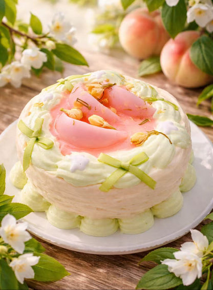 Jasmine Peach Garden Cake Taba Squishy with peach branches and jasmine flowers, handmade silicone squishy with glossy jelly peach topping and creamy texture
