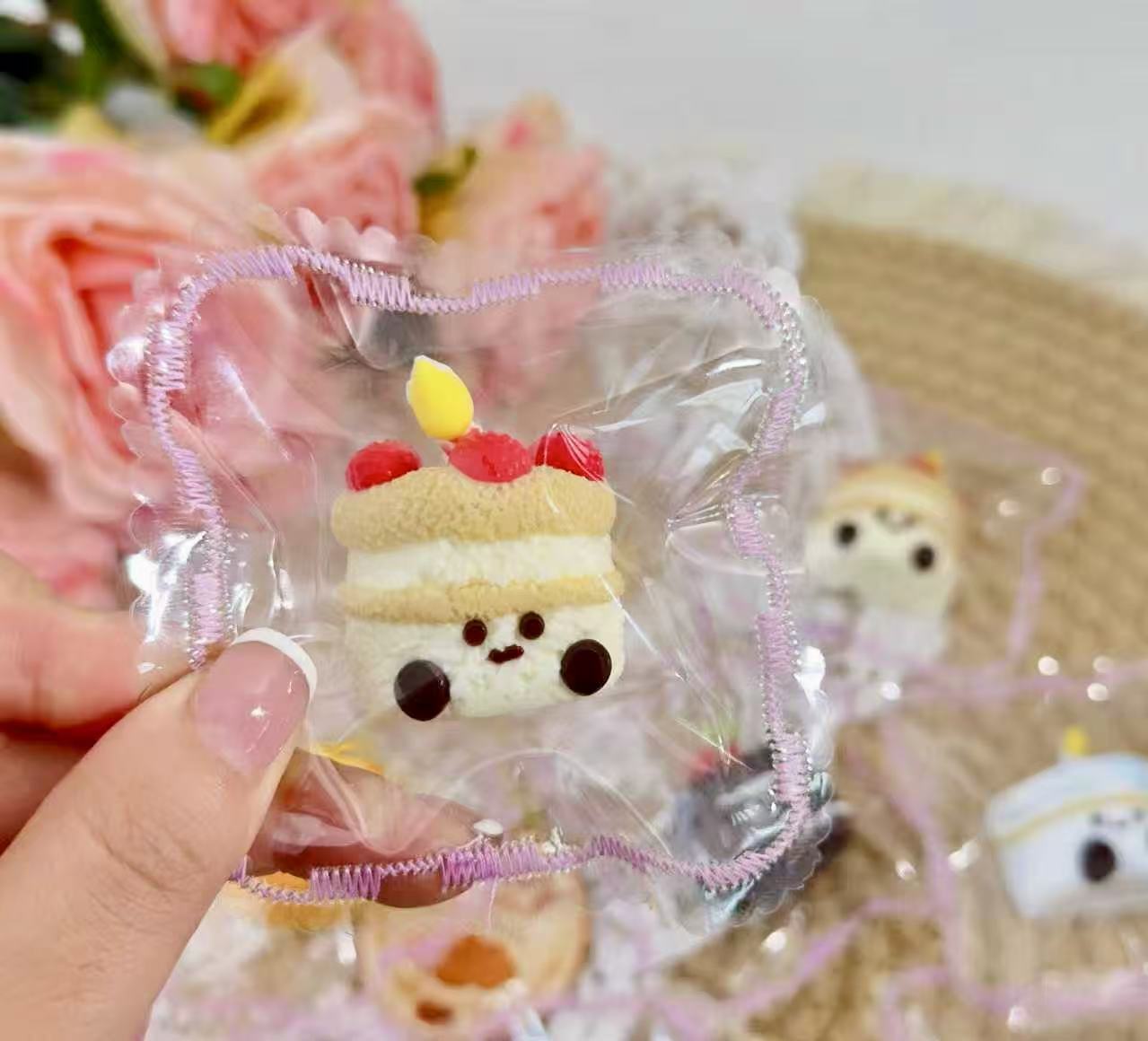 Birthday cake jellycat inspired squishy with cream details and kawaii face.
