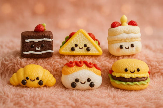 Six mini jellycat inspired food squishies including cake, sandwich, croissant, shrimp tempura, burger and birthday cake displayed together.
