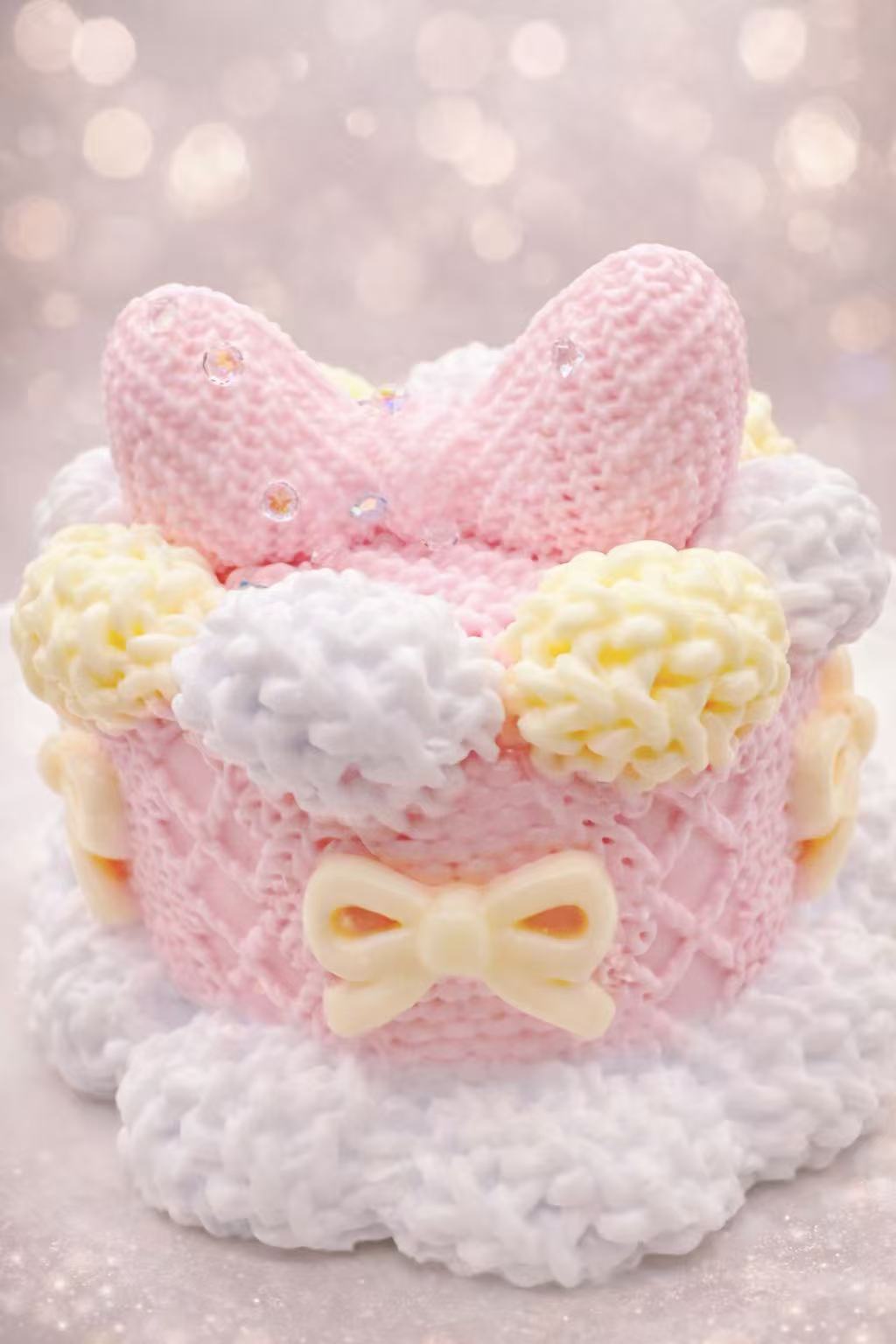 Knitted Bunny Bow Cake Taba Squishy with pastel pink knitted texture, bunny ears and bow decoration on a soft dreamy bokeh background
