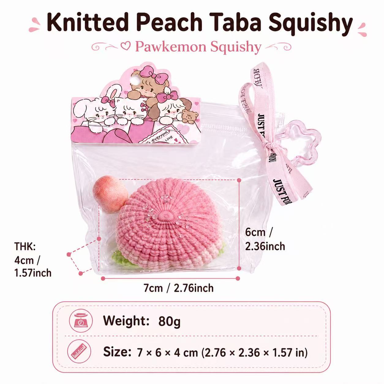 Size chart for Knitted Peach Taba Squishy by Pawkemon Squishy, showing the handmade silicone peach squishy measuring about 7 x 6 x 4 cm and weighing about 80 g.