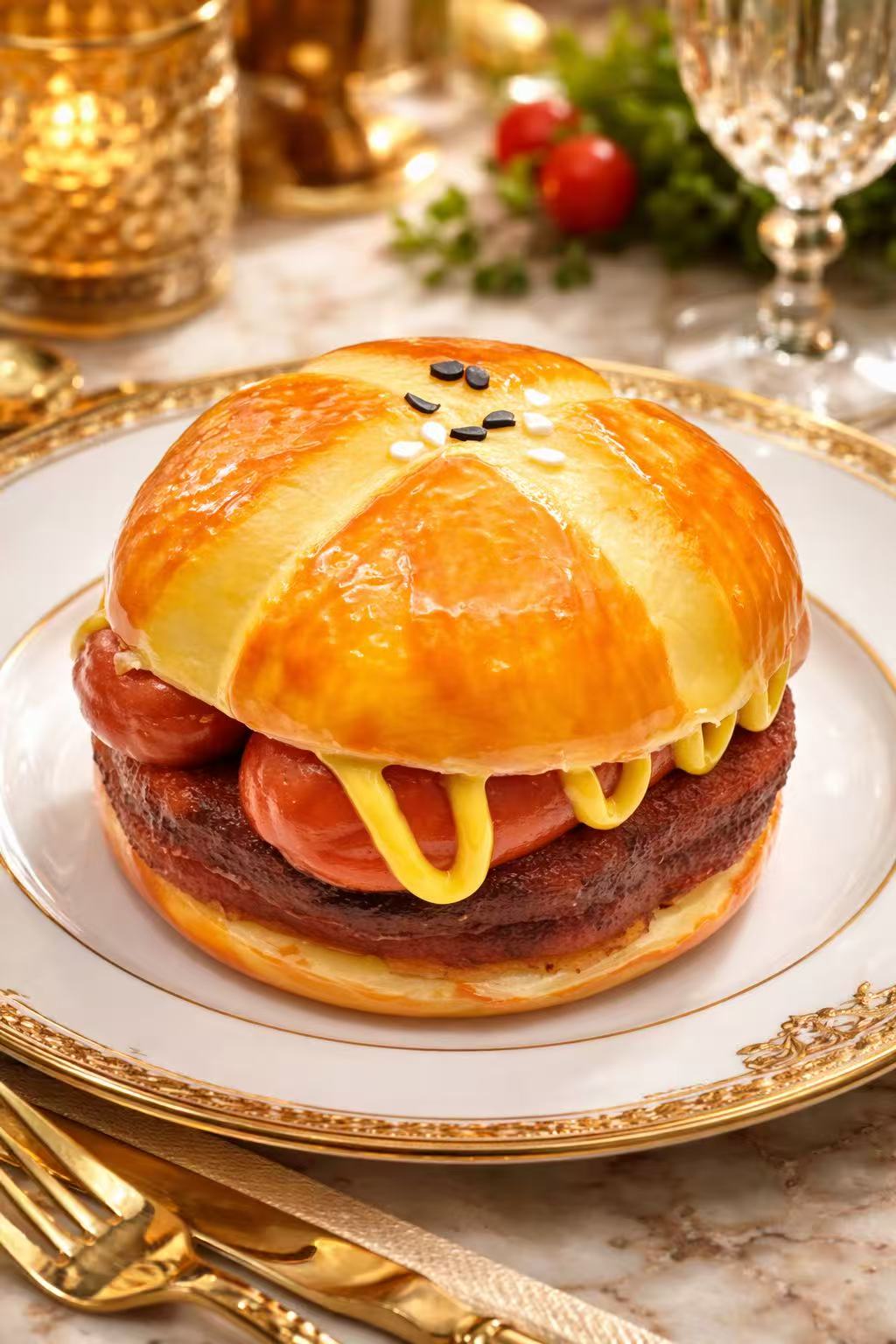 Meat Lover’s Supreme Burger Taba Squishy featuring ultra realistic thick meat layers, juicy sausage details, and handmade gourmet burger design
