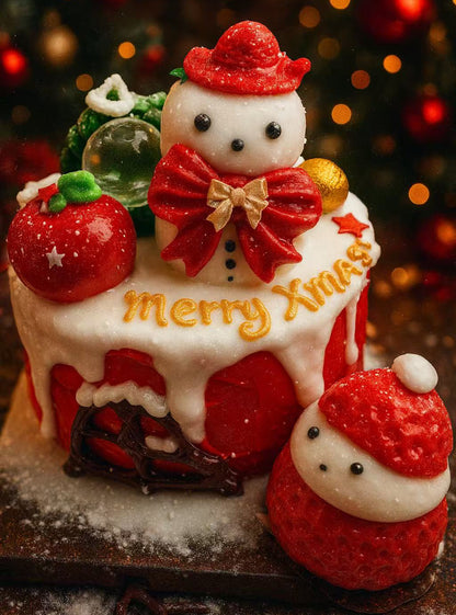 Merry Berry Snowman Cake Taba Squishy with strawberry cake, two snowmen and hand written Merry Christmas icing