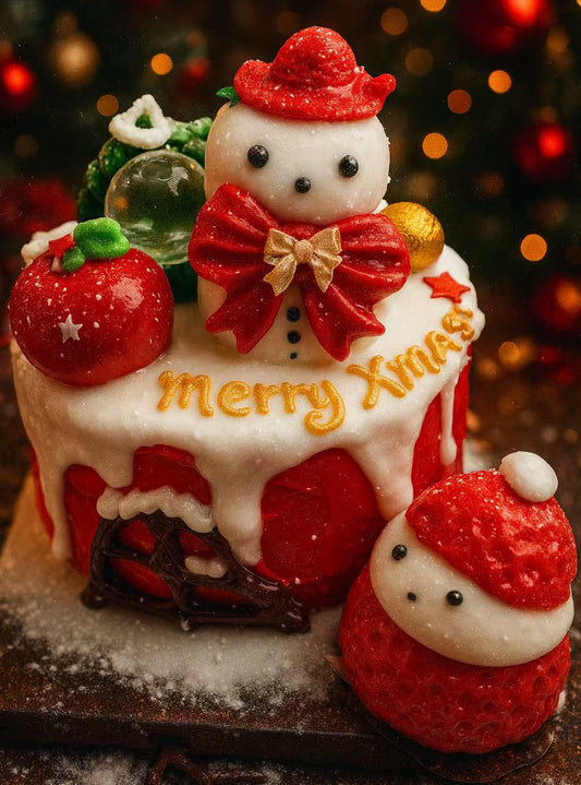 Merry Berry Snowman Cake Taba Squishy with strawberry cake, two snowmen and hand written Merry Christmas icing
