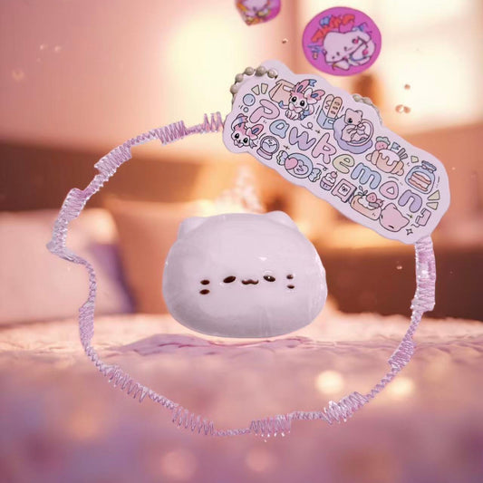 Mochi Meow Taba Squishy in a soft glowing room setting, featuring a white mochi-style cat face inside frilled packaging with Pawkemon tag.
