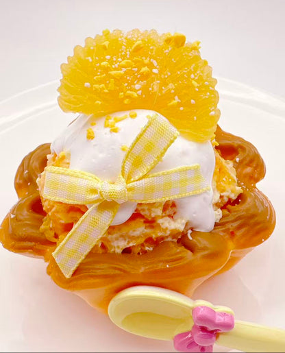 Handmade orange ice cream cream tart taba squishy with bright citrus topping, whipped cream scoop, golden tart crust and realistic silicone dessert details, luxury stress relief toy