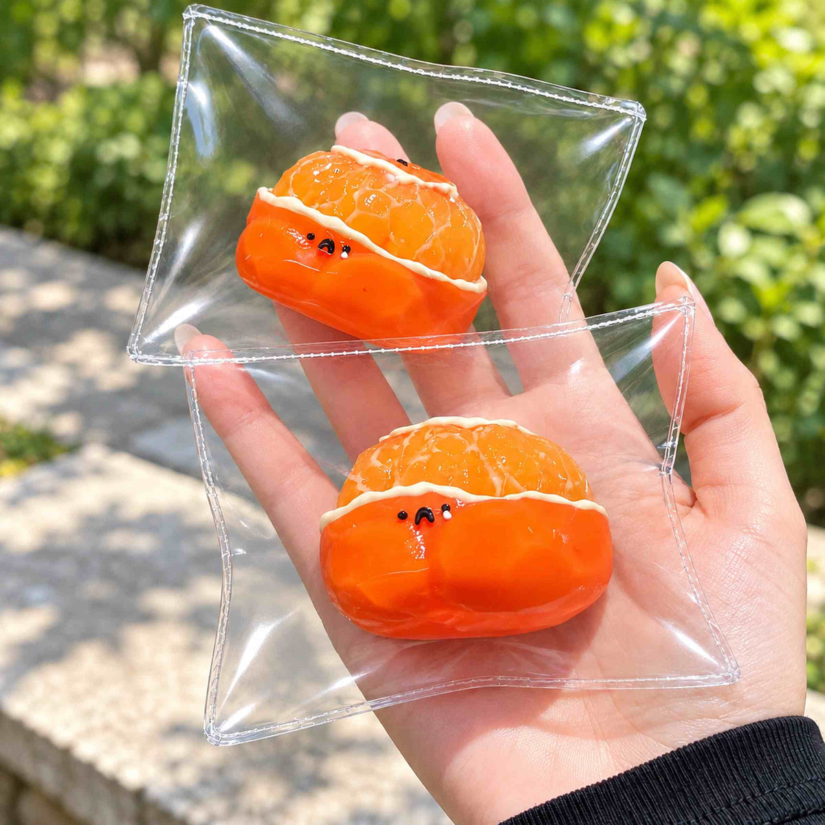 Two orange hamster Taba squishies in separate clear pouches rest one above the other on an open hand outdoors, showing their palm-sized scale and glossy orange fruit details.