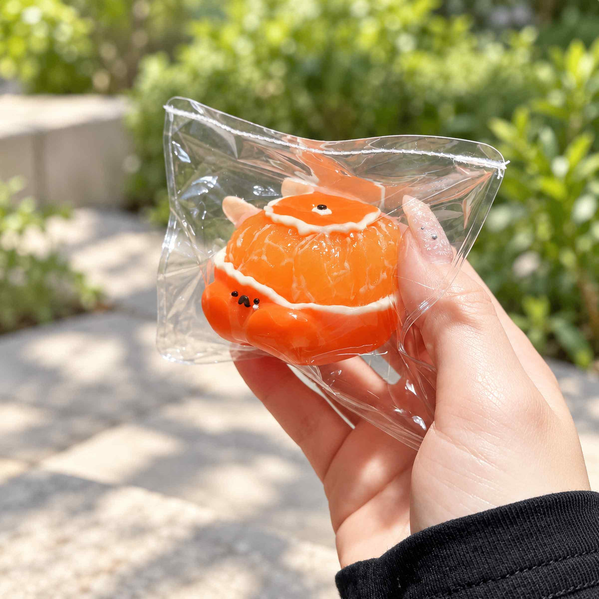 Side view of an orange hamster Taba squishy held in one hand outdoors, showing glossy citrus segments, white pith trim, a small face, and its clear pouch.