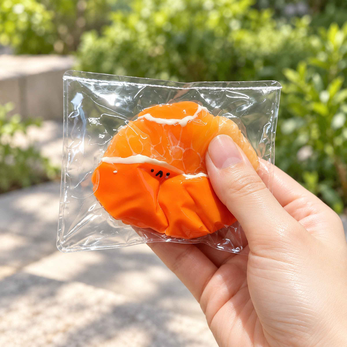 A hand squeezes an orange hamster Taba squishy through its clear pouch outdoors, flattening the orange peel into soft folds while its citrus segments and tiny face remain visible.