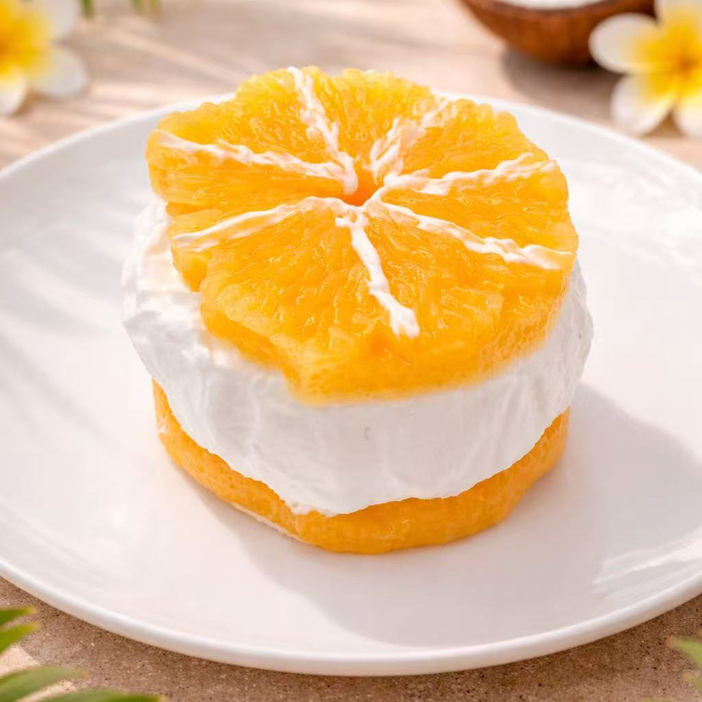 Orange yogurt taba squishy, handmade silicone dessert squishy with fresh orange slice and creamy yogurt layers, soft slow rising texture, clean professional product photography