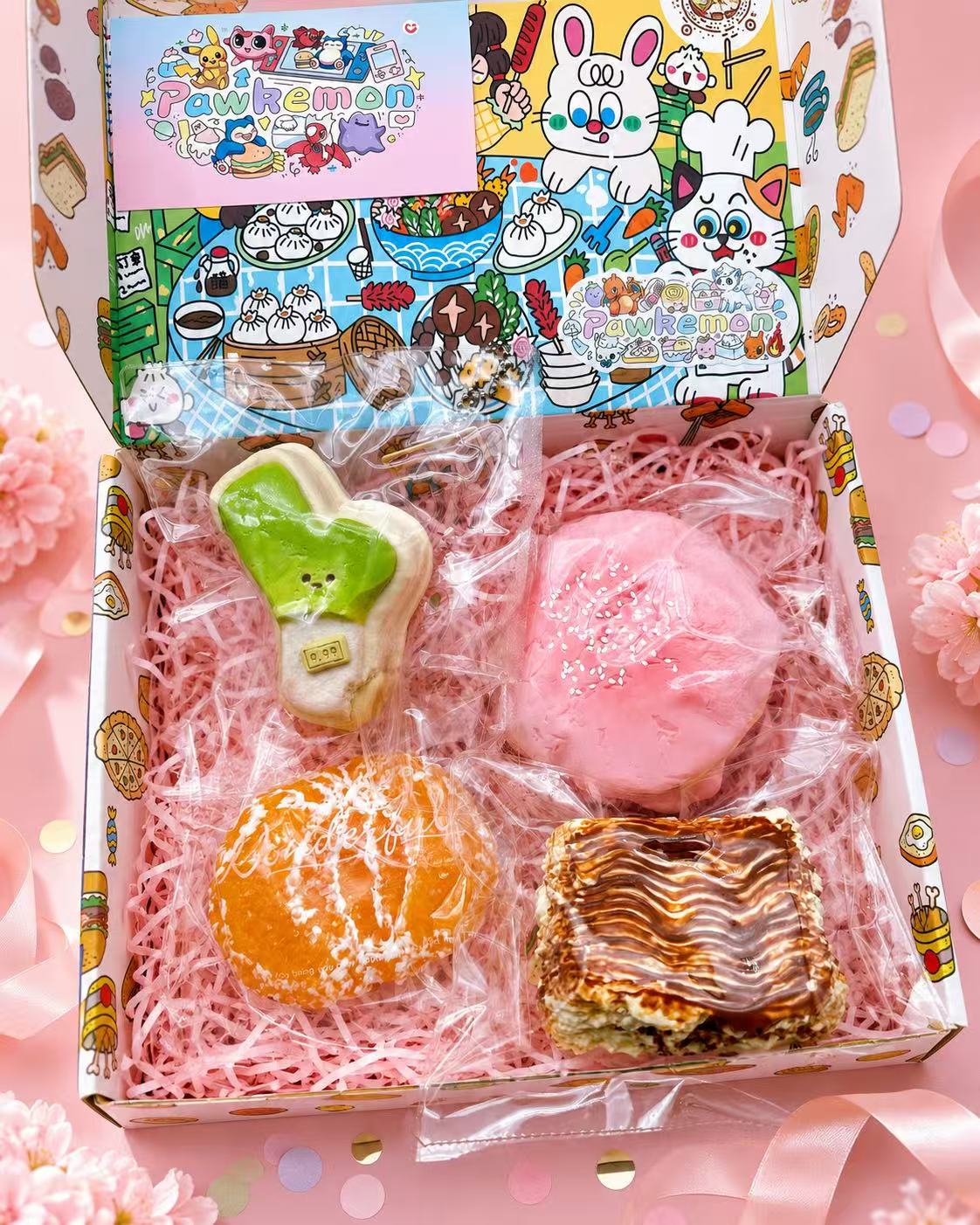 Pawkemon 4pc blind bag taba squishy gift box with handmade silicone burger, fruit, and character squishies