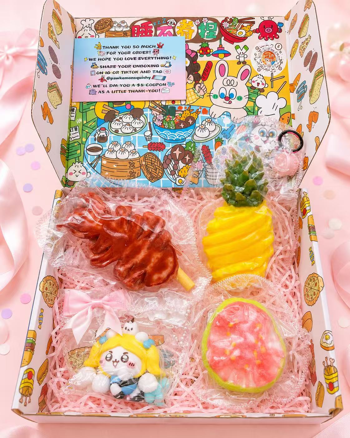 Pawkemon 4pc blind bag taba squishy gift box with handmade silicone pinapple, dessert, and character squishies