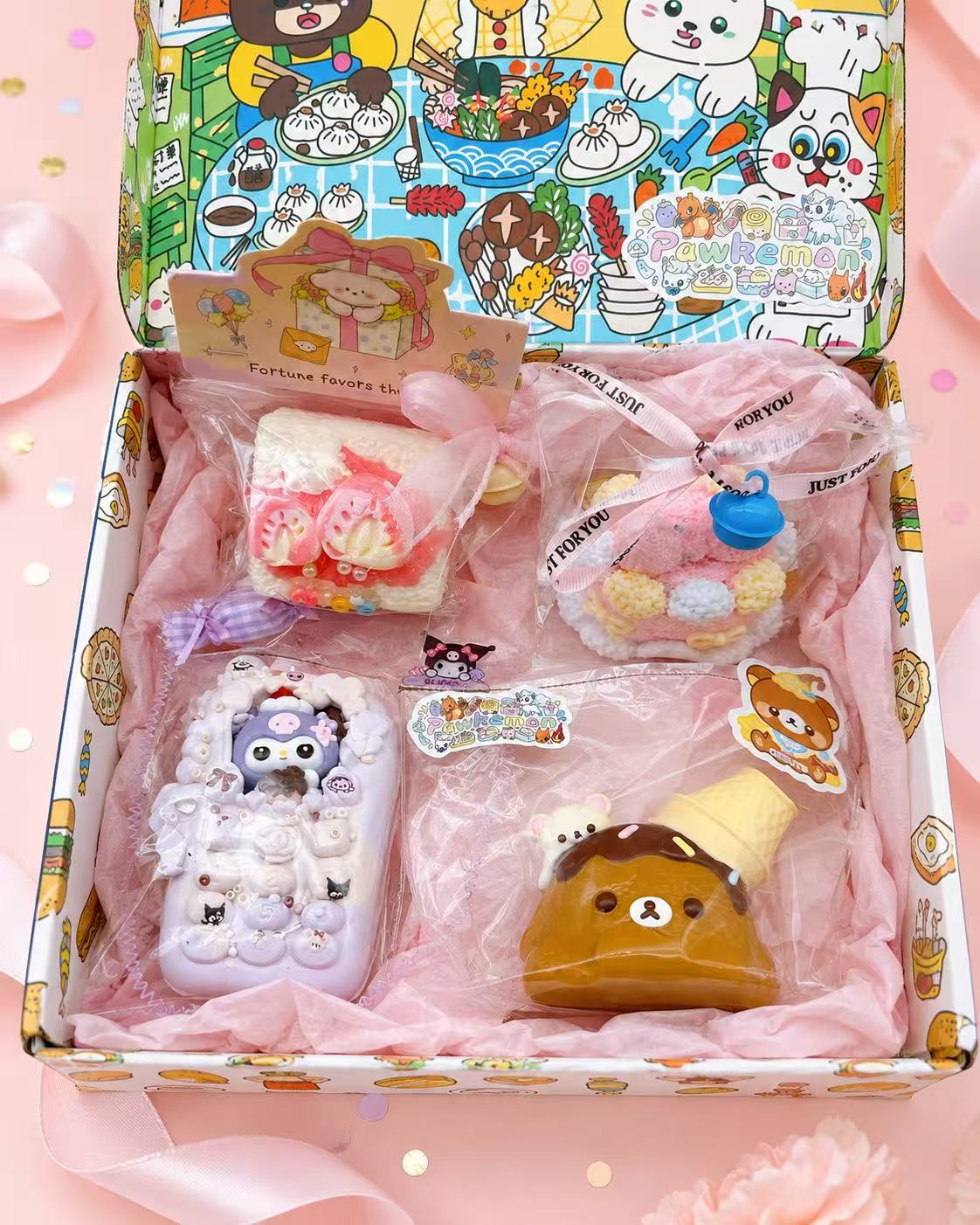 Pawkemon 4pc blind bag taba squishy gift box with handmade silicone cake, dessert, and character squishies