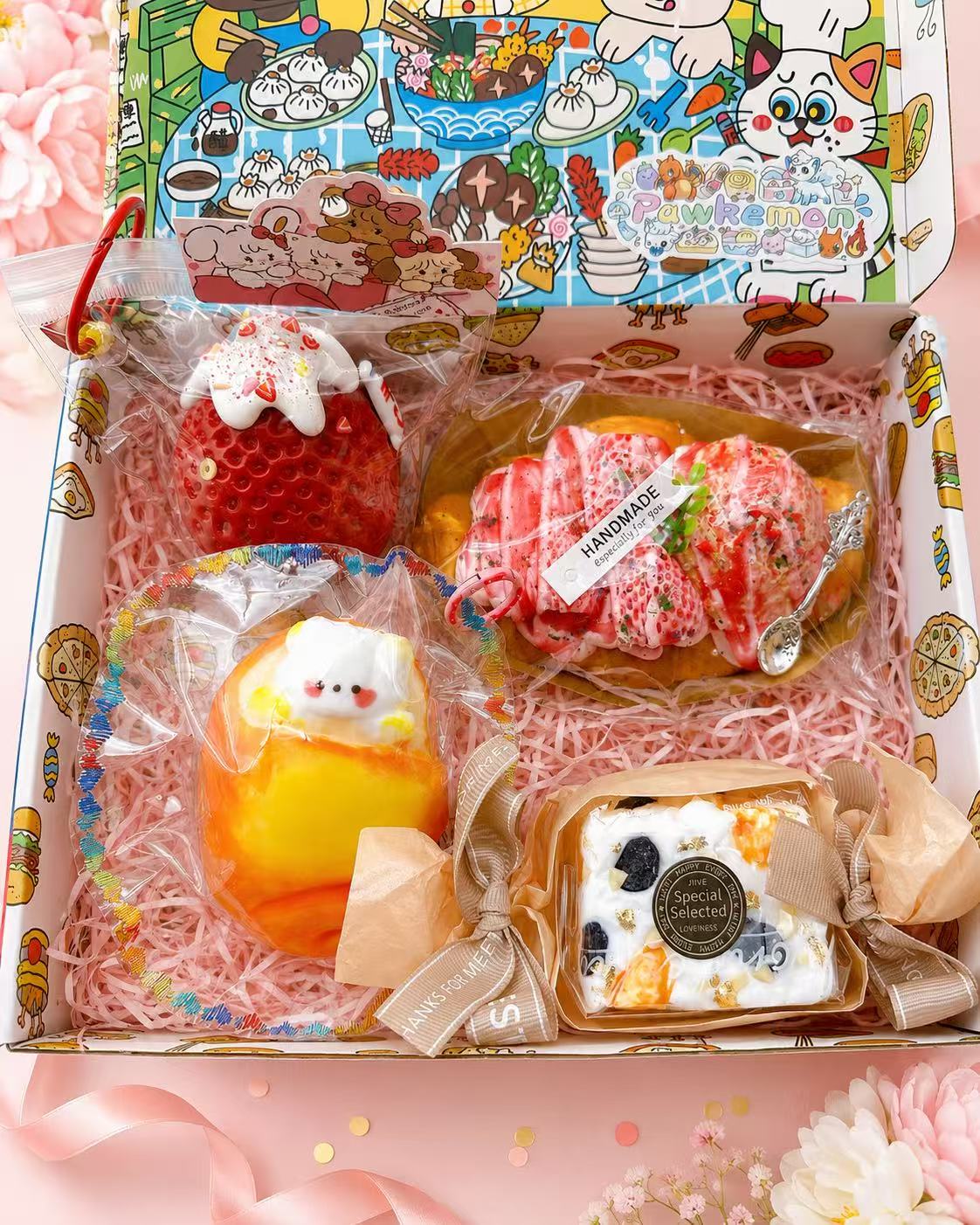 Pawkemon 4pc blind bag taba squishy gift box with handmade silicone strawberry, dessert, and character squishies