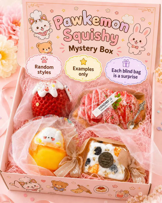 Pawkemon 4pc blind bag taba squishy gift box featuring four handmade silicone mystery squishies in cute dessert and character styles