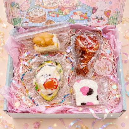 Pawkemon 4pc blind bag taba squishy gift box with handmade silicone toast, dessert, and character squishies