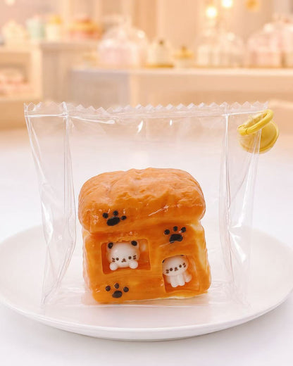 Cat Toast House Taba Squishy in clear packaging with two tiny cats inside a toast-shaped house, paw print details, and handmade silicone texture.